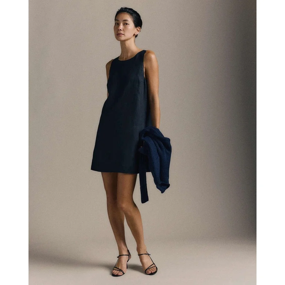 Quince European Linen Tank Mini Dress Black Sleeveless Shift Pockets Medium NWT